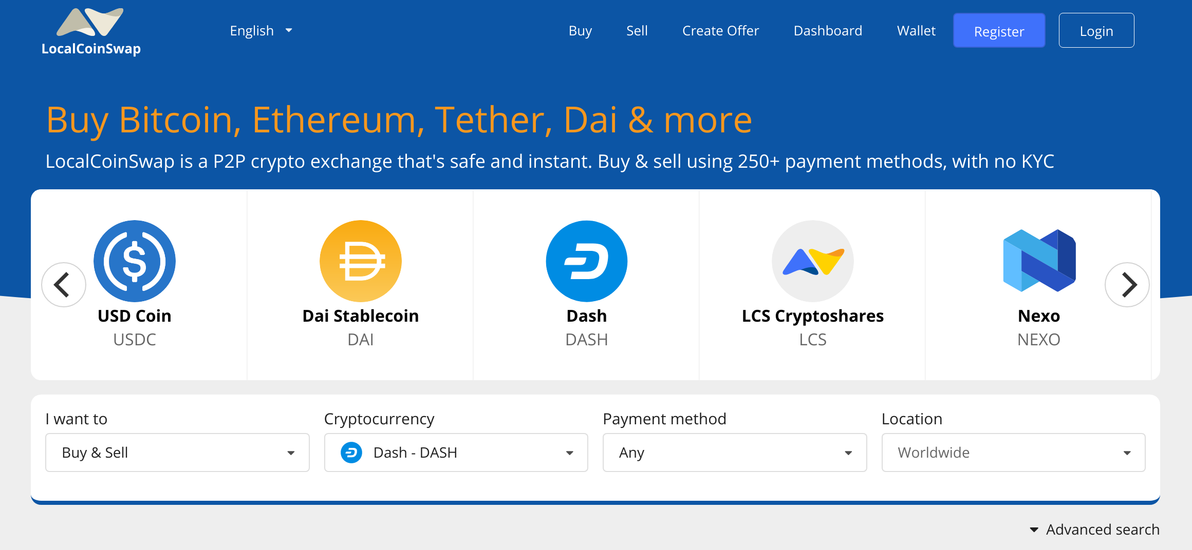 trading Dash cryptocurrency worldwide for cash and other payment methods